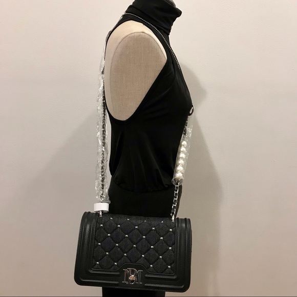 Badgley Mishka black denim, vegan leather adorned with square metal nails bag. - Picture 3 of 15